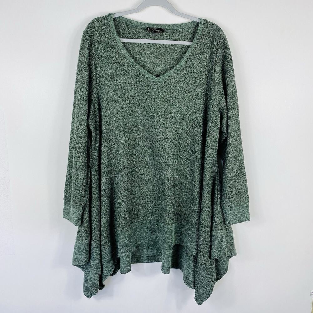 Diane Gilman DG2 Tunic Sweater 1X Green V-Neck Handkerchief Hem Lightweight